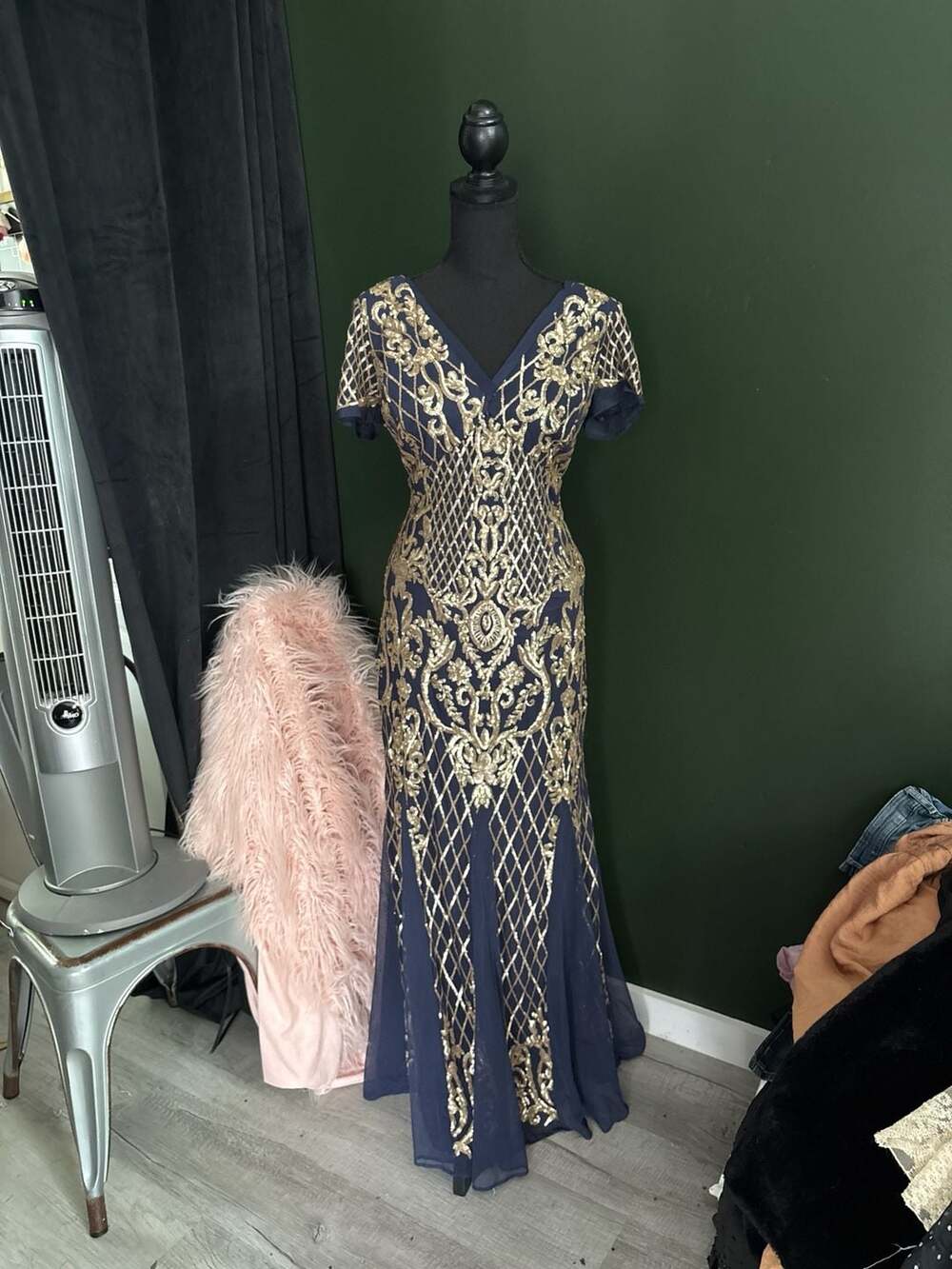 R&M Richards Navy Blue and Gold Sequin Geometric Scroll Evening Gown Size 12
